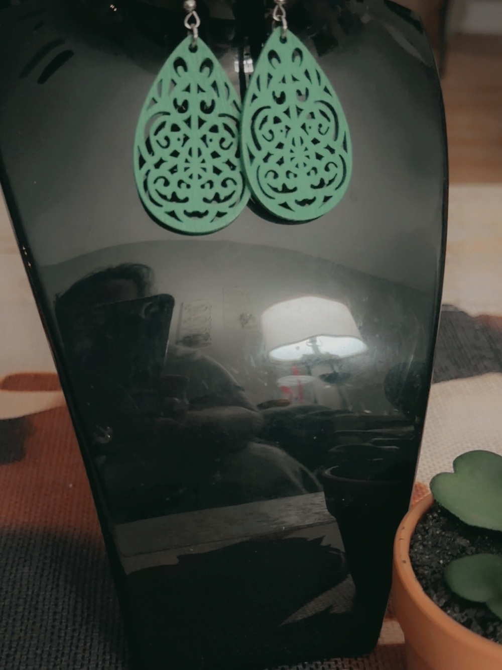 Boho Teal Green Wooden Filigree Teardrop Earrings - Picture 2 of 5